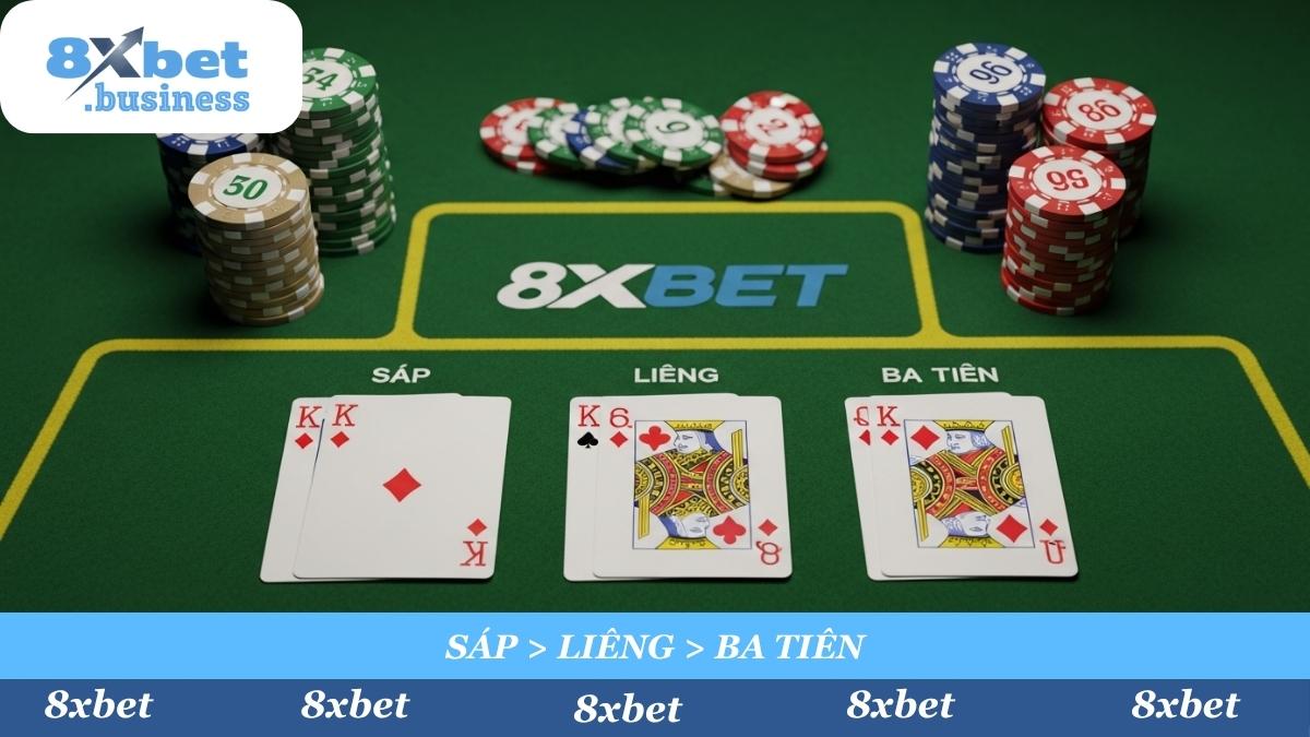 Nắm vững thứ tự các bộ bài đặc biệt "Sáp > Liêng > Ba Tiên" là chìa khóa đầu tiên để "húp" trọn tiền bàn tại Bài Cào 8xbet.